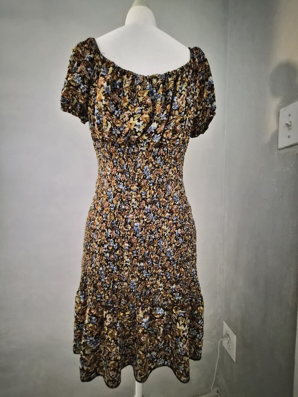 Floral Smocked Midi Dress in Brown and Blue
